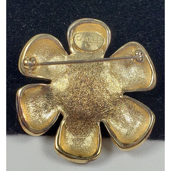 Vintage Carolee Bronze/Pink Daisy Enamel Pearl Rhinestone Gold Tone Brooch - Picture 6 of 9